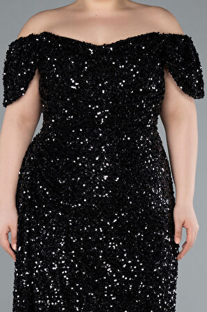 Kayık Yaka Yırtmaçlı Uzun Pullu Büyük Beden Abiye ABU4863