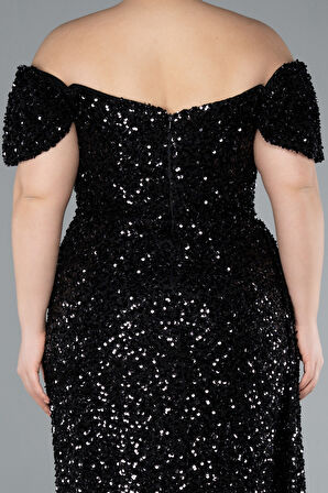 Kayık Yaka Yırtmaçlı Uzun Pullu Büyük Beden Abiye ABU4863