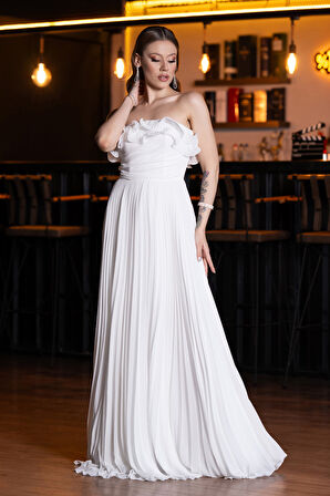 Straplez Piliseli Uzun Şifon Mezuniyet Elbisesi ABU4866