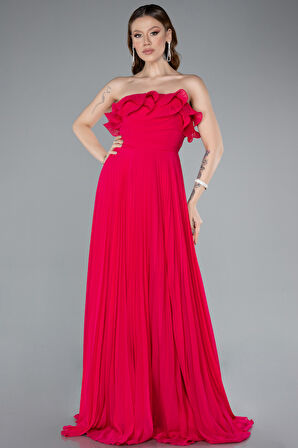 Straplez Piliseli Uzun Şifon Mezuniyet Elbisesi ABU4866