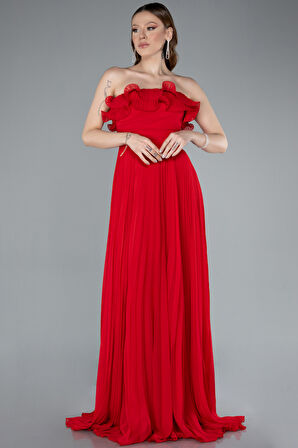 Straplez Piliseli Uzun Şifon Mezuniyet Elbisesi ABU4866