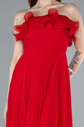 Straplez Piliseli Uzun Şifon Mezuniyet Elbisesi ABU4866