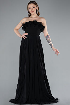 Straplez Piliseli Uzun Şifon Mezuniyet Elbisesi ABU4866