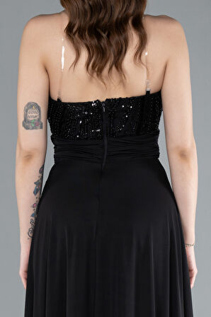 Straplez Yaka Üstü Taşlı Uzun Abiye Elbise ABU4870