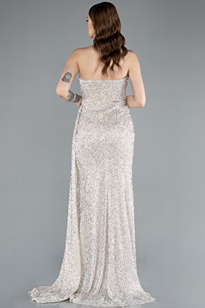 Straplez Yırtmaçlı Uzun Boncuklu Abiye ABU4871