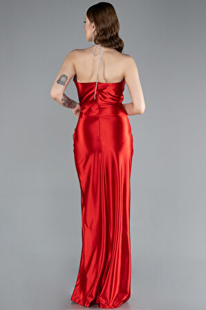 Boyundan Bağlama Yırtmaçlı Uzun Saten Abiye ABU4884