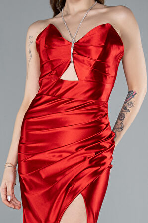 Boyundan Bağlama Yırtmaçlı Uzun Saten Abiye ABU4884