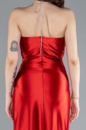 Boyundan Bağlama Yırtmaçlı Uzun Saten Abiye ABU4884