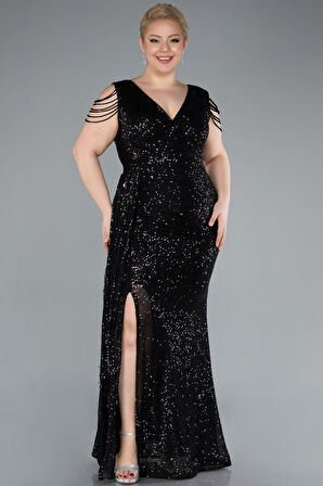 Boncuklu Yırtmaçlı Uzun Pullu Büyük Beden Abiye ABU4886