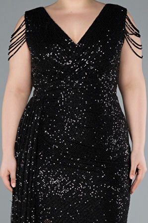 Boncuklu Yırtmaçlı Uzun Pullu Büyük Beden Abiye ABU4886