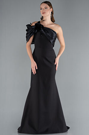 Saten Tek Omuz Fiyonk Detay Kuyruklu Uzun Abiye ABU4904