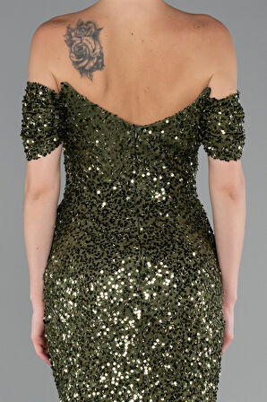 Kayık Yaka Uzun Pullu Balık Abiye Elbise ABU4906