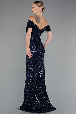 Kayık Yaka Uzun Pullu Balık Abiye Elbise ABU4906