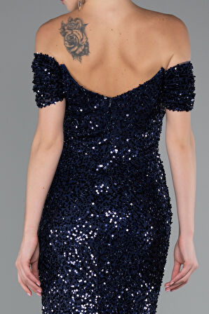 Kayık Yaka Uzun Pullu Balık Abiye Elbise ABU4906