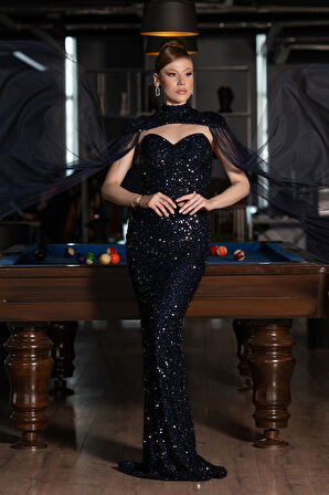 Tül Pelerinli Straplez Uzun Pullu Abiye ABU4910