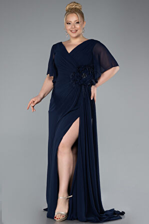 Kısa Kol Bacak Dekolteli Uzun Şifon Büyük Beden Abiye ABU4911