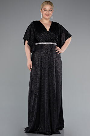 Kısa Kol Beli Taşlı Uzun Simli Büyük Beden Abiye ABU4914