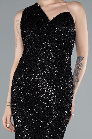 Tek Omuz Uzun Pullu Balık Abiye Elbise ABU4915