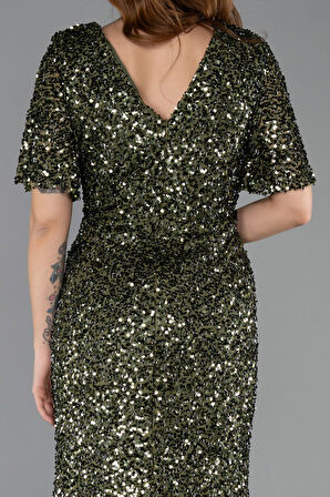 Kısa Kol Degaje Yaka Uzun Pullu Büyük Beden Abiye ABU4926