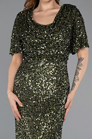 Kısa Kol Degaje Yaka Uzun Pullu Büyük Beden Abiye ABU4926