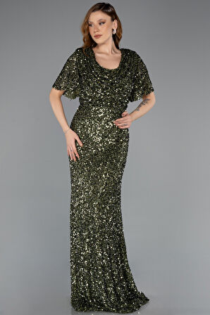 Kısa Kol Degaje Yaka Uzun Pullu Büyük Beden Abiye ABU4926