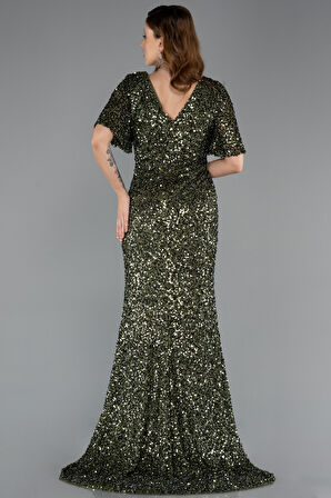 Kısa Kol Degaje Yaka Uzun Pullu Büyük Beden Abiye ABU4926