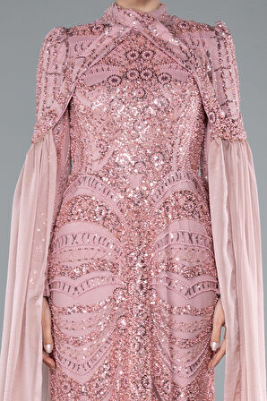 Boncuklu Dik Yaka Uzun Kol Pelerinli Tesettür Abiye ABU4930