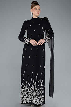 Taşlı Uzun Kol Dik Yaka Tesettür Abiye ABU4931