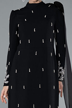 Taşlı Uzun Kol Dik Yaka Tesettür Abiye ABU4931