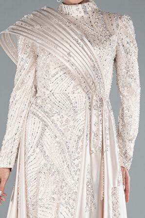 Taşlı Dik Yaka Uzun Kol Saten Kuyruklu Tesettür Abiye ABU4932