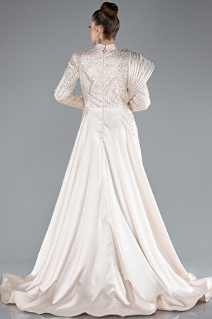 Taşlı Dik Yaka Uzun Kol Saten Kuyruklu Tesettür Abiye ABU4932