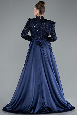 Taşlı Dik Yaka Uzun Kol Saten Kuyruklu Tesettür Abiye ABU4932