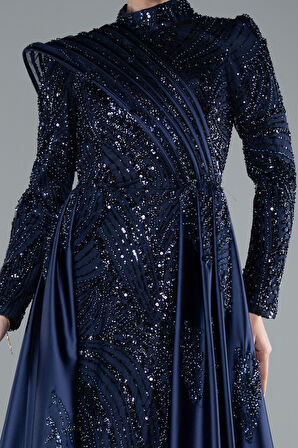 Taşlı Dik Yaka Uzun Kol Saten Kuyruklu Tesettür Abiye ABU4932