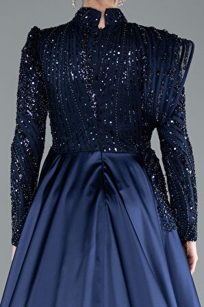 Taşlı Dik Yaka Uzun Kol Saten Kuyruklu Tesettür Abiye ABU4932