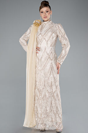 Taşlı Dik Yaka Uzun Kol Dantel Tesettür Abiye ABU4933