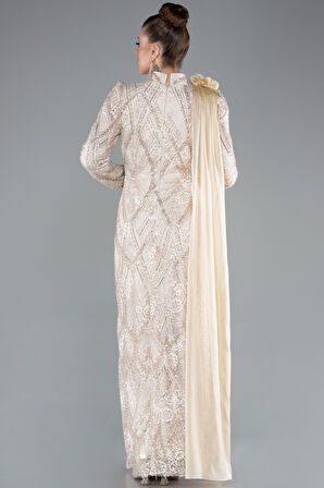 Taşlı Dik Yaka Uzun Kol Dantel Tesettür Abiye ABU4933