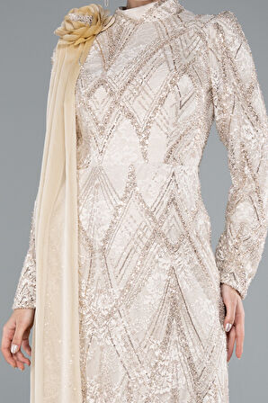 Taşlı Dik Yaka Uzun Kol Dantel Tesettür Abiye ABU4933