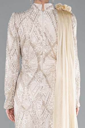 Taşlı Dik Yaka Uzun Kol Dantel Tesettür Abiye ABU4933