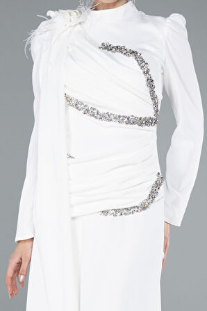 Dik Yaka Uzun Kol Şallı Tesettür Abiye ABU4934