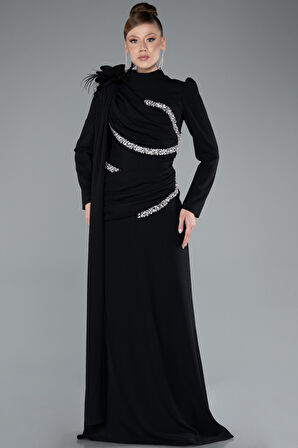 Dik Yaka Uzun Kol Şallı Tesettür Abiye ABU4934