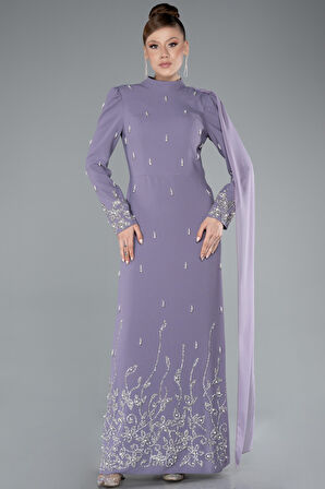 Taşlı Uzun Kol Dik Yaka Büyük Beden Tesettür Abiye ABU4936