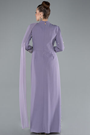 Taşlı Uzun Kol Dik Yaka Büyük Beden Tesettür Abiye ABU4936