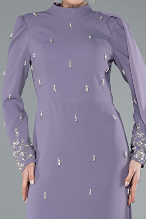 Taşlı Uzun Kol Dik Yaka Büyük Beden Tesettür Abiye ABU4936