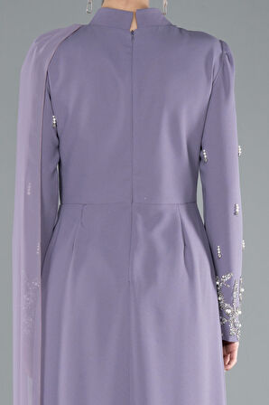 Taşlı Uzun Kol Dik Yaka Büyük Beden Tesettür Abiye ABU4936