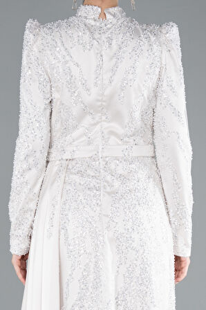 Dik Yaka Uzun Kol Boncuklu Tesettür Abiye ABU4941