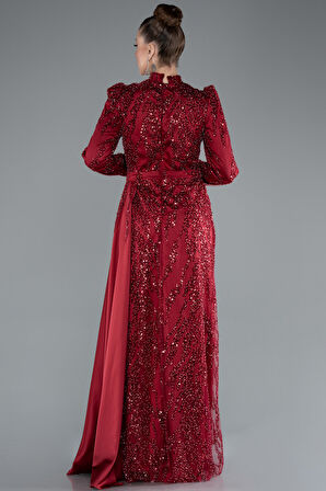 Dik Yaka Uzun Kol Boncuklu Tesettür Abiye ABU4941