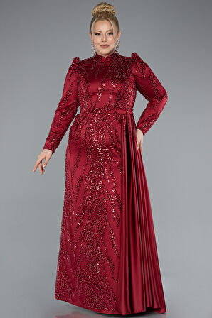 Dik Yaka Boncuklu Uzun Kol Büyük Beden Tesettür Abiye ABU4942