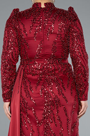 Dik Yaka Boncuklu Uzun Kol Büyük Beden Tesettür Abiye ABU4942