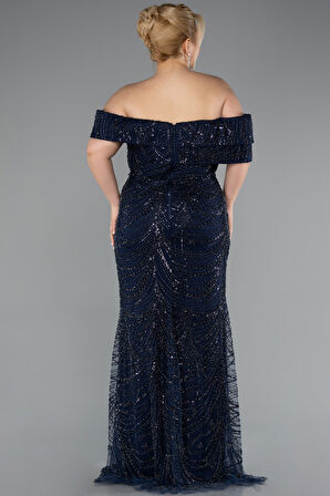 Kayık Yaka Boncuklu Uzun Büyük Beden Elbise ABU4947