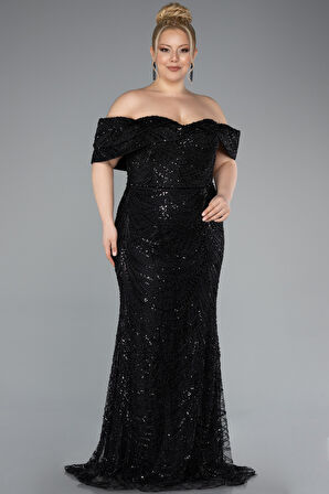 Kayık Yaka Boncuklu Uzun Büyük Beden Elbise ABU4947